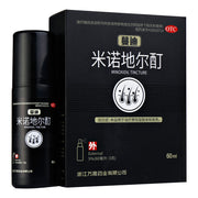 蔓迪米诺地尔酊生发水 60ml 黑色瓶装与外包装盒正面展示，含 OTC 标识及毛囊示意图。