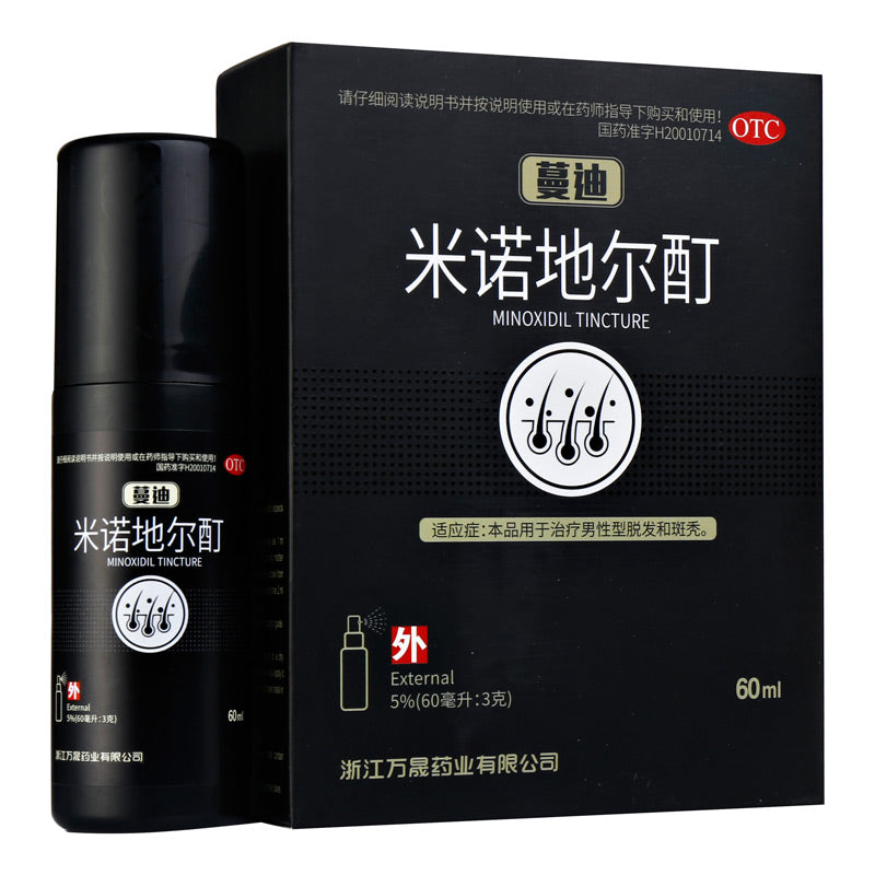 蔓迪米诺地尔酊生发水 60ml 黑色瓶装与外包装盒正面展示，含 OTC 标识及毛囊示意图。