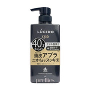 日本曼丹 LUCIDO Q10 男士去汗臭洗发水正面特写，黑色瓶身配金色标签，展示产品包装细节。