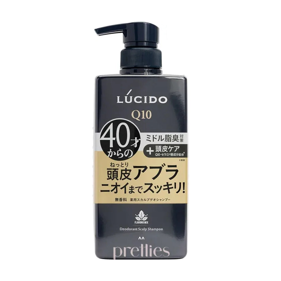 日本曼丹 LUCIDO Q10 男士去汗臭洗发水正面特写，黑色瓶身配金色标签，展示产品包装细节。