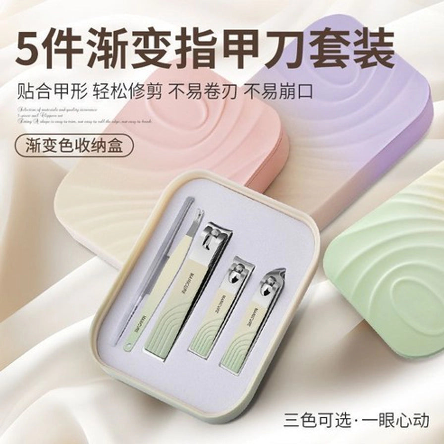 美甲工具5件套使用示意图，右侧展示了指甲剪、斜口剪、指甲锉修剪指甲的具体操作细节。
