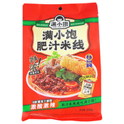 满小宝肥汁米线包装袋正面，展示港式浓汤口味及内含炸肉酱和响铃卷的配料图示。