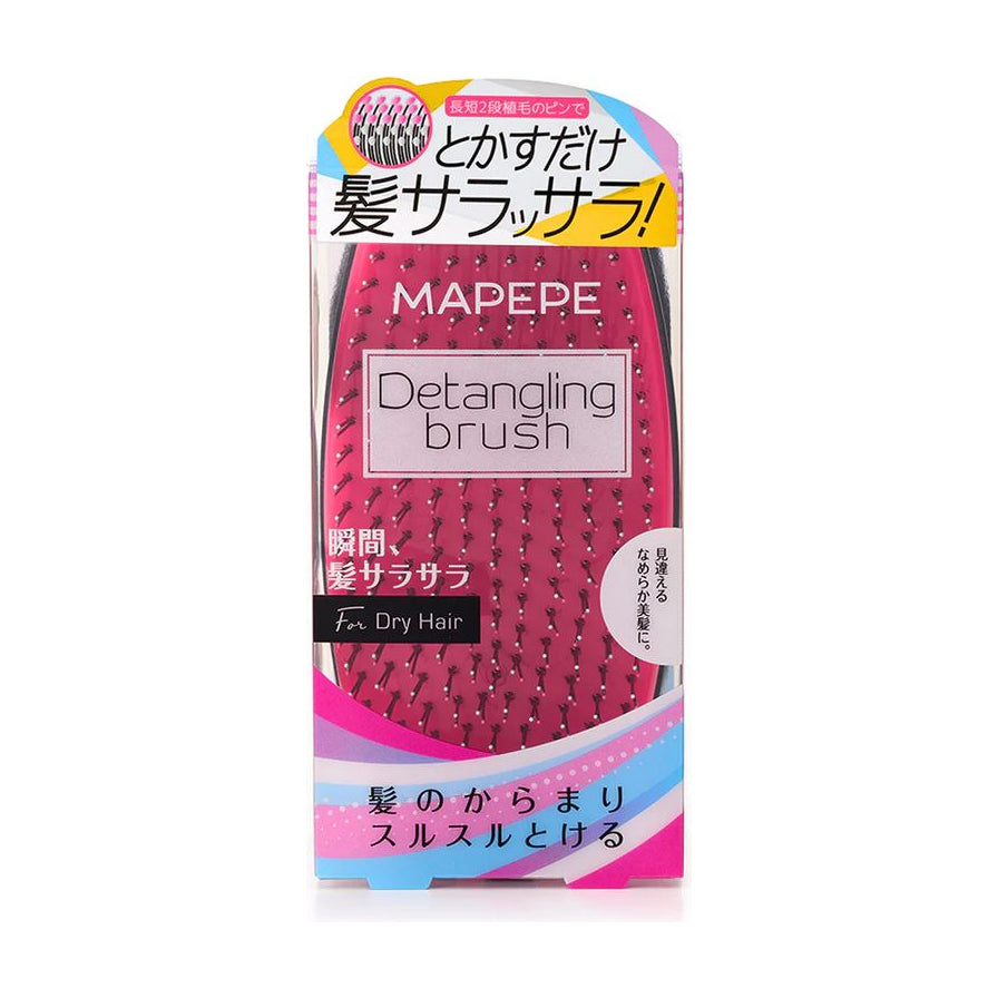 MAPEPE顺发梳正面包装图，粉色梳身搭配黑色梳齿，包装上印有Detangling Brush字样及日文说明。