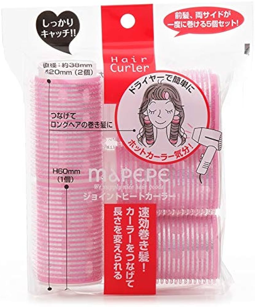 MAPEPE 日本拼接式热卷发筒套装包装正面图，粉色卷发器透过透明袋可见，含日文尺寸说明与使用示意图。