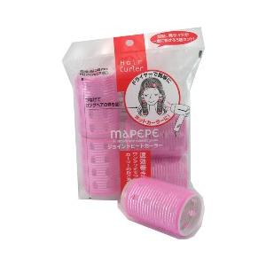 MAPEPE 拼接式热卷发筒套装展示图，背景为产品包装袋，前景放置一个粉色卷发筒展示细节纹理。