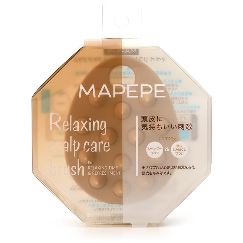 MAPEPE 头皮按摩洗头梳标准款，棕色刷头八角形透明包装正面展示