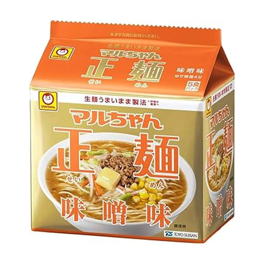 东洋水产正系列味噌味拉面，橙色包装盒，内含5食入，展示了浓郁汤底配肉末和玉米的拉面成品图。