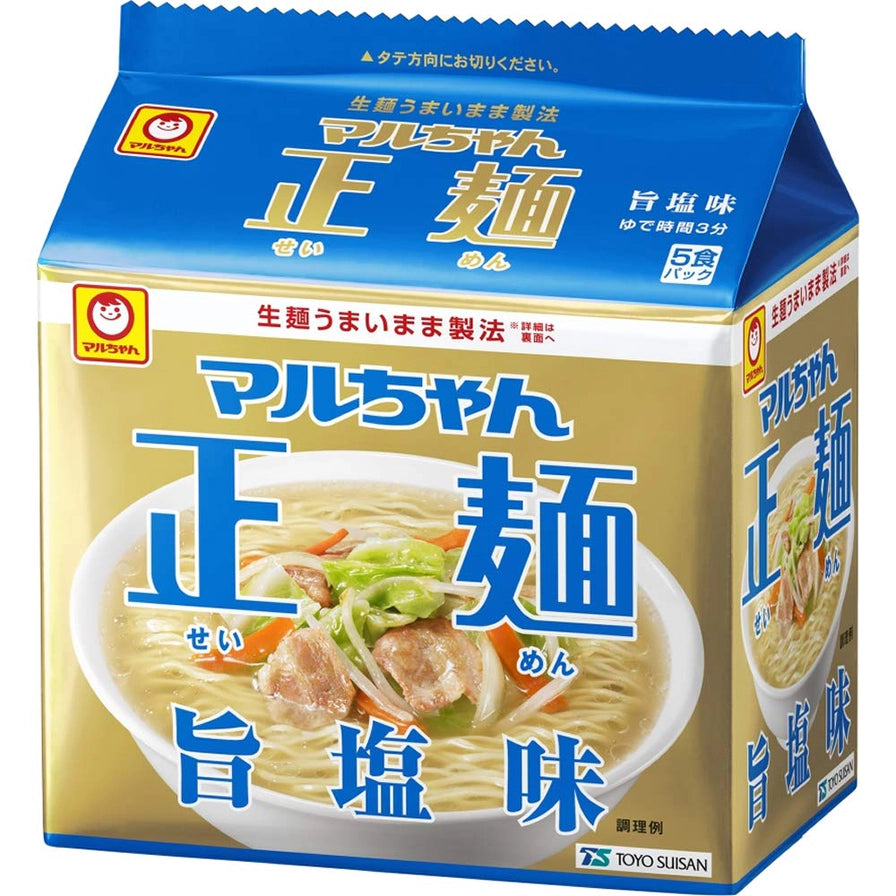东洋水产正系列旨盐味拉面，蓝色包装盒，内含5食入，展示了清爽汤底配蔬菜和肉片的拉面成品图。