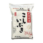 丸藤新潟越息吹米5kg包装正面图，透明袋装可见饱满白米，印有新潟县产、日本产及Premium Sushi Rice字样。