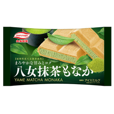 丸永制菓八女抹茶最中雪糕单支包装，展示酥脆华夫饼皮与抹茶冰淇淋夹心细节