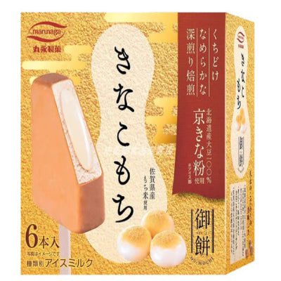 Marunaga 御饼麻糬冰淇淋六支装包装，展示京黄粉与抹茶白玉两种和风口味