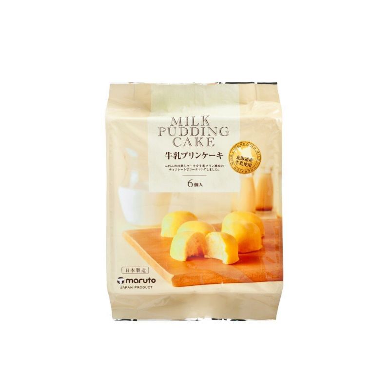 日本 Maruto 丸多牛奶布丁蛋糕独立包装展示，松软蛋糕体搭配巧克力涂层