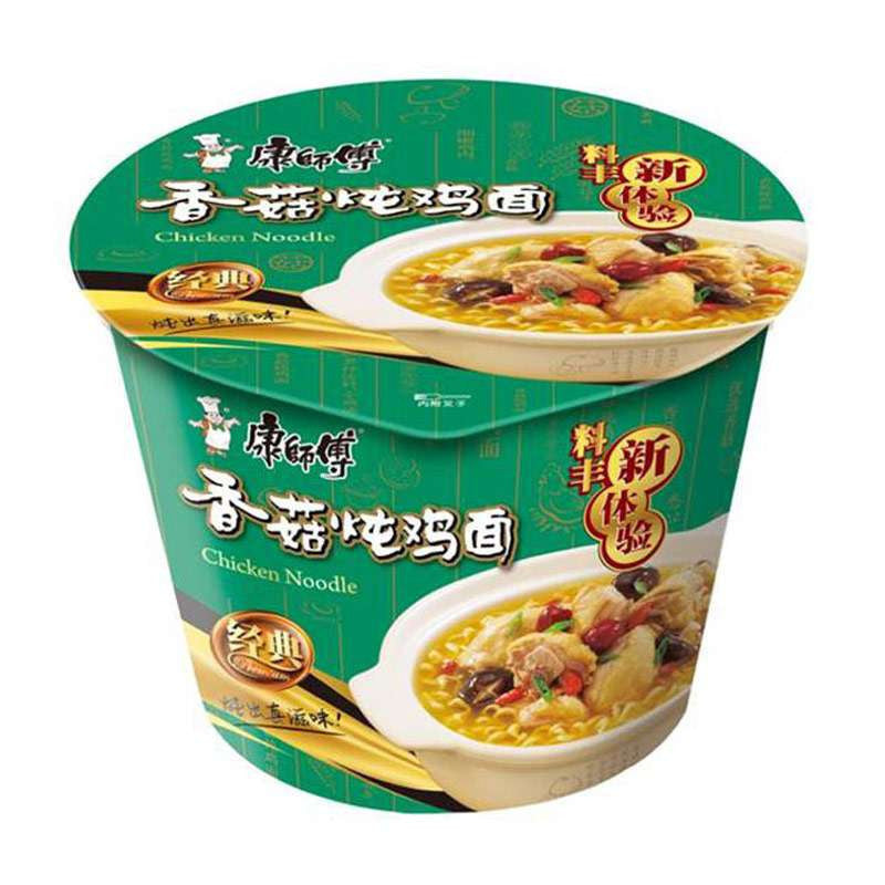 康师傅香菇炖鸡味桶装泡面，清淡温和的速食夜宵选择