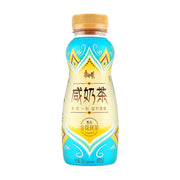 康师傅咸奶茶300ml瓶装，包装采用蓝黄配色，瓶身印有咸奶茶、甄选金花茯茶字样，黑色背景下的正面展示图。