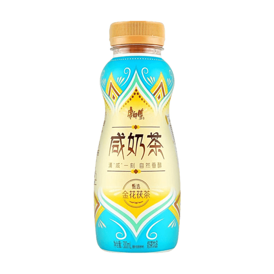 康师傅咸奶茶300ml瓶装，包装采用蓝黄配色，瓶身印有咸奶茶、甄选金花茯茶字样，黑色背景下的正面展示图。