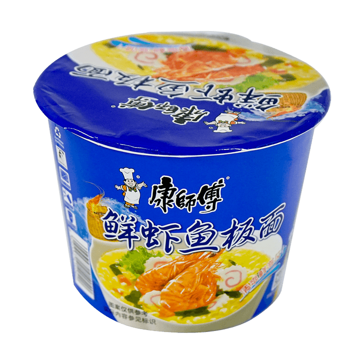 康师傅鲜虾鱼板味桶装泡面，带有迷你鱼板和清鲜海味的方便面