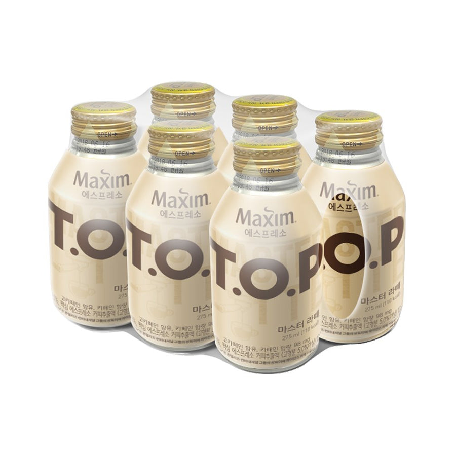六瓶装韩国 MAXIM T.O.P 烟熏拿铁咖啡，透明塑封包装的 275ml 铝罐咖啡囤货装。
