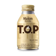 韩国 MAXIM T.O.P 烟熏拿铁咖啡 275ml 铝罐装正面图，米黄色瓶身印有黑色 T.O.P 标志和韩文说明。