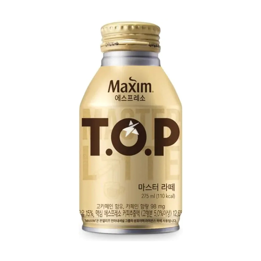 韩国 MAXIM T.O.P 烟熏拿铁咖啡 275ml 铝罐装正面图，米黄色瓶身印有黑色 T.O.P 标志和韩文说明。