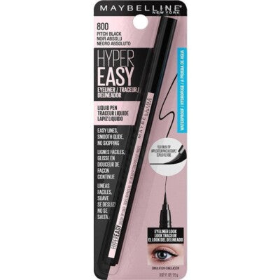 美宝莲 Hyper Easy 黑色眼线液笔产品包装正面图，展示粉色与黑色相间的包装设计。
