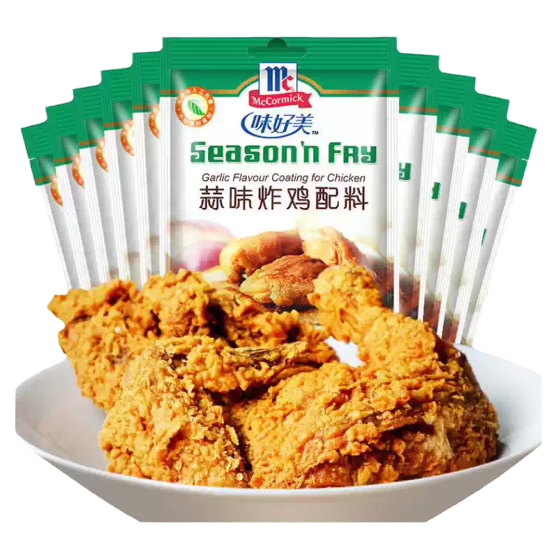 味好美蒜味炸鸡配料包装特写，清晰显示净含量与使用说明文字