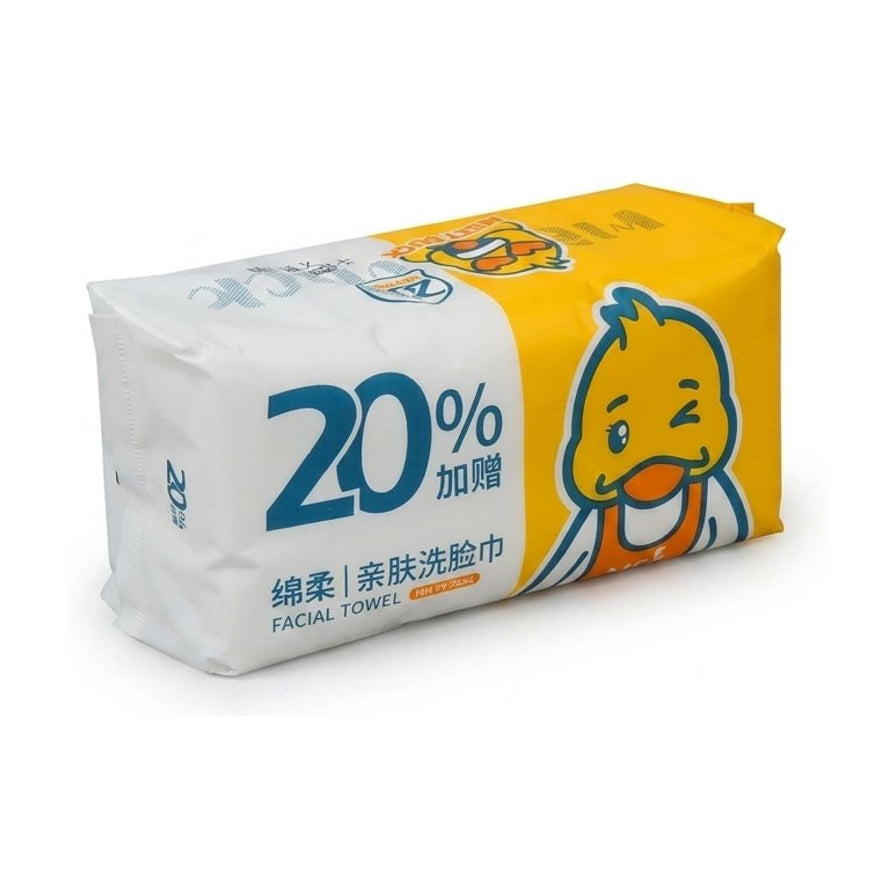 MEET DUCK 小黄鸭洗脸巾包装正面白底图，印有卡通鸭子图案和 20% 加赠字样。