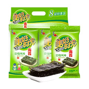 美好时光岩烧海苔8袋特惠装，包含大包装袋、独立小包装及盘中展示的酥脆海苔片。