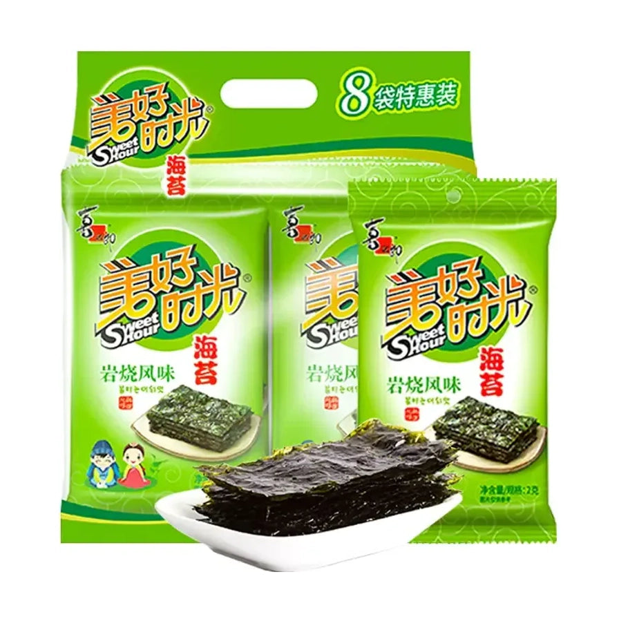 美好时光岩烧海苔8袋特惠装，包含大包装袋、独立小包装及盘中展示的酥脆海苔片。