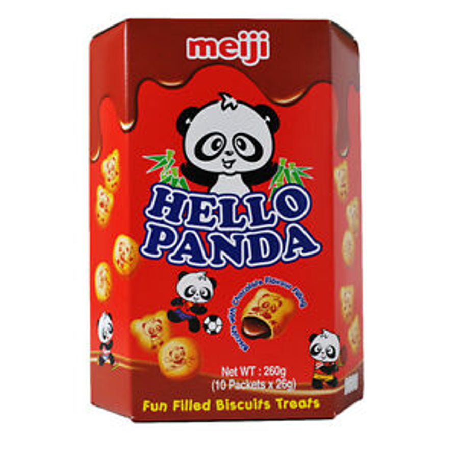明治 Hello Panda 巧克力味夹心饼干红色包装盒，展示熊猫印花饼干和巧克力夹心。
