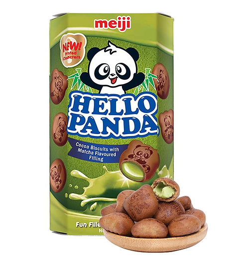 明治 Hello Panda 抹茶味夹心饼干包装，绿色熊猫图案独立小包