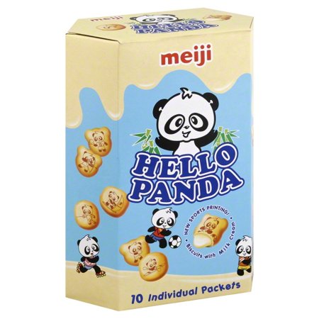 明治 Hello Panda 牛奶味夹心饼干包装，白色熊猫图案独立小包