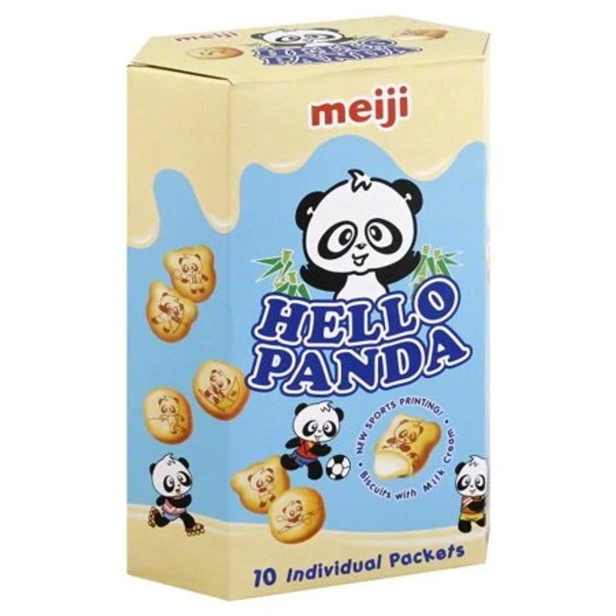 明治 Hello Panda 牛奶味夹心饼干蓝色包装盒，标注含有10个独立小包装。