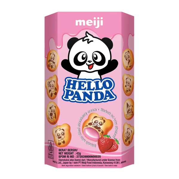 明治 Hello Panda 草莓味夹心饼干包装，粉色熊猫图案独立小包
