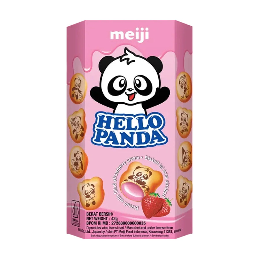 明治 Hello Panda 草莓味夹心饼干粉色包装盒，印有可爱熊猫图案和草莓夹心饼干示意图。