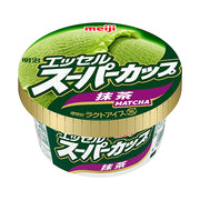 明治抹茶与奶香杯装冰淇淋的产品展示图，包含两种口味的包装外观。