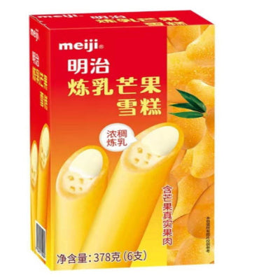 明治炼乳芒果雪糕 6 支装外包装盒正面，展示品牌标志与产品图案