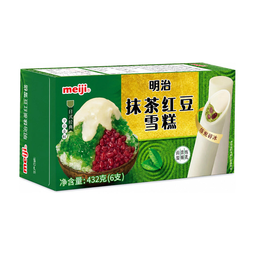 明治宇治金时抹茶红豆夹心雪糕包装盒，展示了抹茶碎冰、红豆粒和炼乳涂层的雪糕切面图，规格为432克6支装。