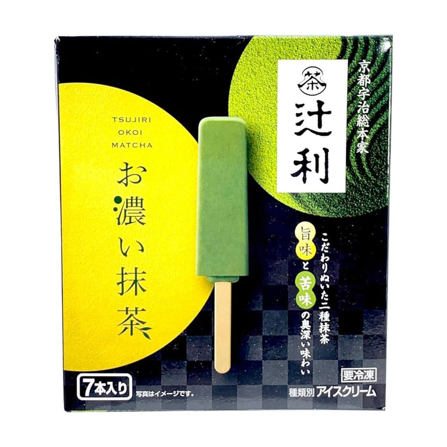 明治辻利浓抹茶冰淇淋棒7支装正面包装图，展示了抹茶绿色的冰棒实物图及京都宇治总本家辻利品牌标识。