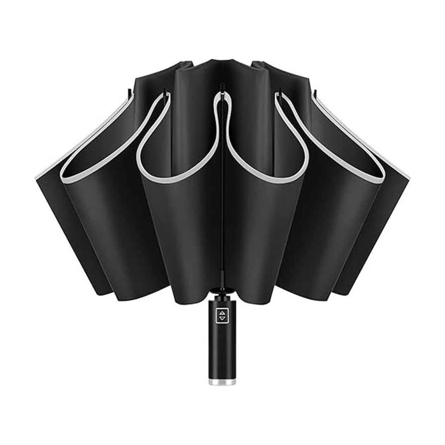 美加南黑色自动雨伞的半收拢状态展示，手柄上有一键开合按钮，伞边缘带有反光条设计。