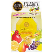 日本明色 Detclear 焕肤洁面皂包装盒正面，黄色背景印有苹果葡萄等水果图案及 AHA BHA 成分标识