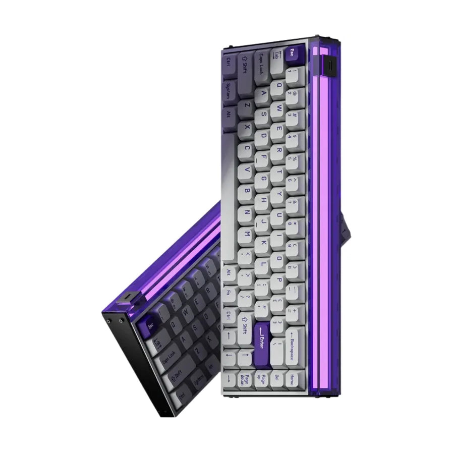 MelGeek MADE68 PRO+ 磁轴机械键盘，展示紫色半透明外壳与灰色键帽，侧边带有发光的紫色电气灯箱。