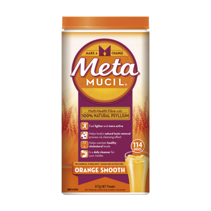 Metamucil美达施膳食纤维粉香橙顺滑味673g罐装正面图，包装上标有100%天然洋车前子壳成分及114次冲泡容量。