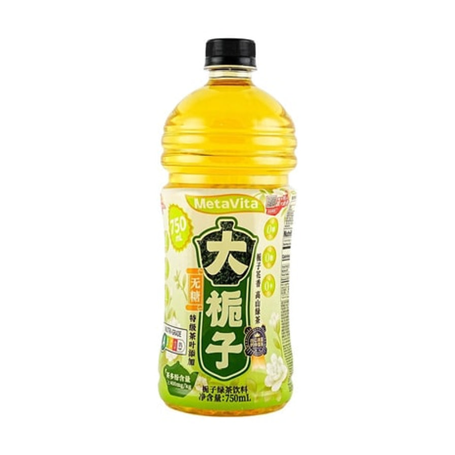 麦多维多大栀子绿茶饮料，750ml单瓶装，白色背景，包装印有白色栀子花图案。