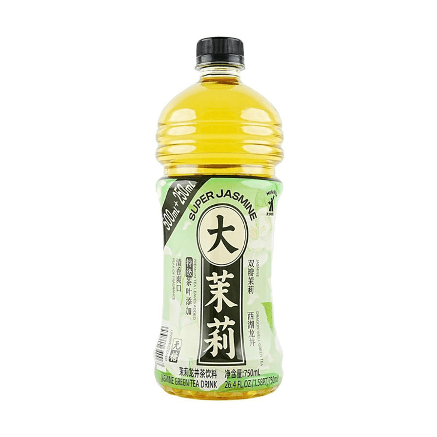麦多维多大茉莉龙井茶饮料，750ml单瓶装，白色背景，包装为淡绿色调，印有大茉莉字样。