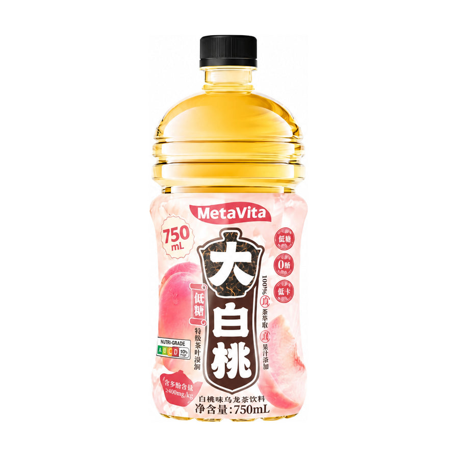 麦多维多大白桃味乌龙茶饮料，750ml大瓶装，白色背景下的单瓶展示，包装上有粉色桃子图案。