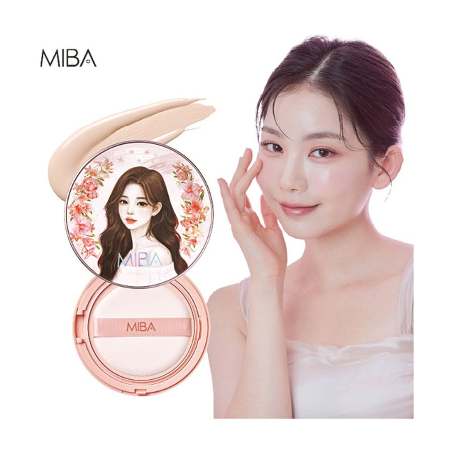 模特使用 Miba 气垫粉底上妆演示，展示自然清透妆效与产品质地。