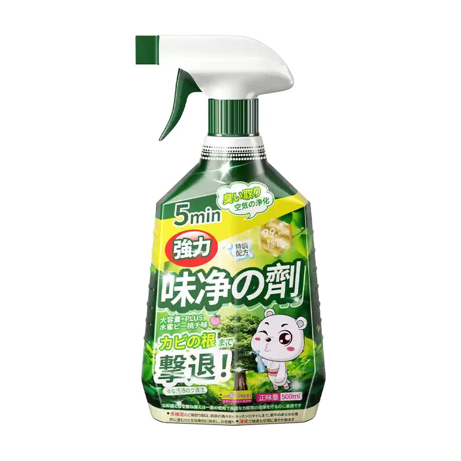 日产微波炉杀菌清洁喷雾瓶装正面图，瓶身印有强力去味、5分钟快速清洁及卡通熊图案，容量500ml。