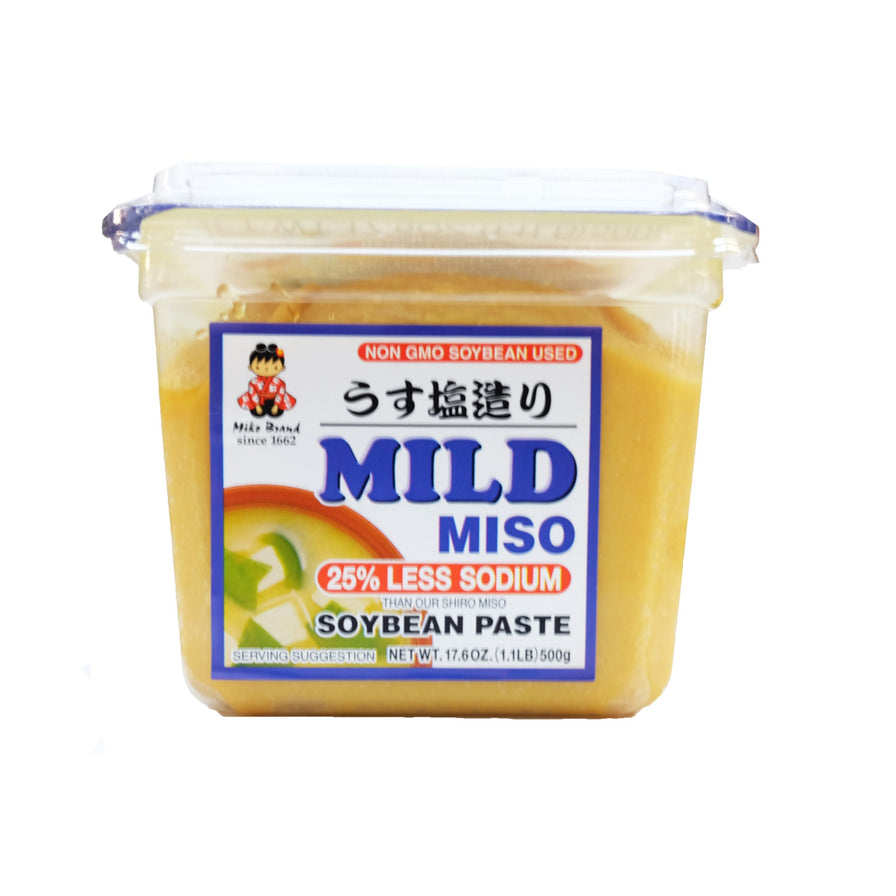 神州一温和味增酱盒装正面图，包装上印有 MILD MISO 字样，标注减盐25%。