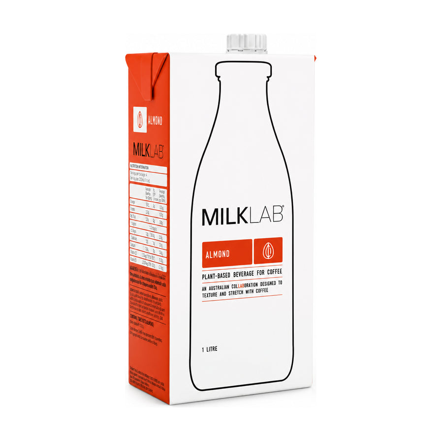 MILKLAB 澳洲杏仁奶 1L 利乐包装，白色背景下的产品正面及侧面营养成分表展示。