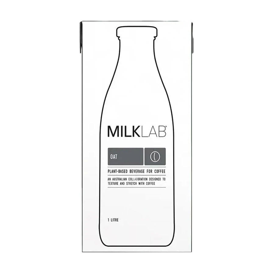 MILKLAB 咖啡专用燕麦奶 1L 纸盒包装正面，白色背景，包装上有黑色瓶子轮廓和 OAT 字样